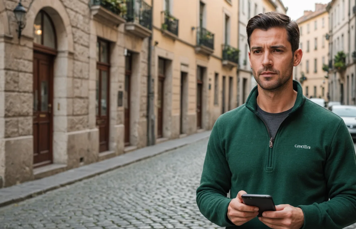 A confident service professional in Porto reviewing their day's schedule on a smartphone