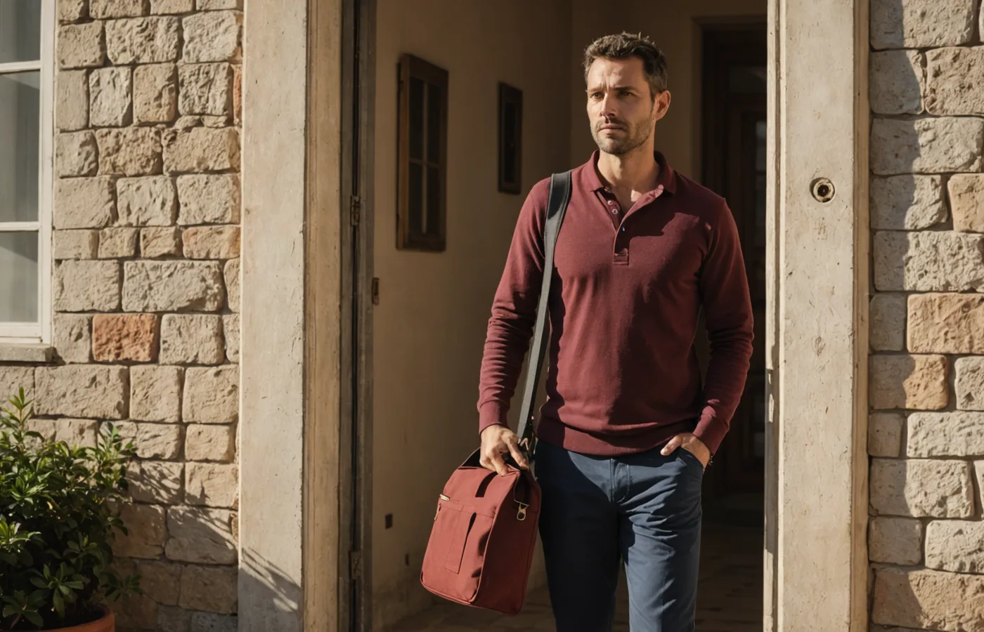 A service professional carrying a work bag arrives at a Porto residential apartment door